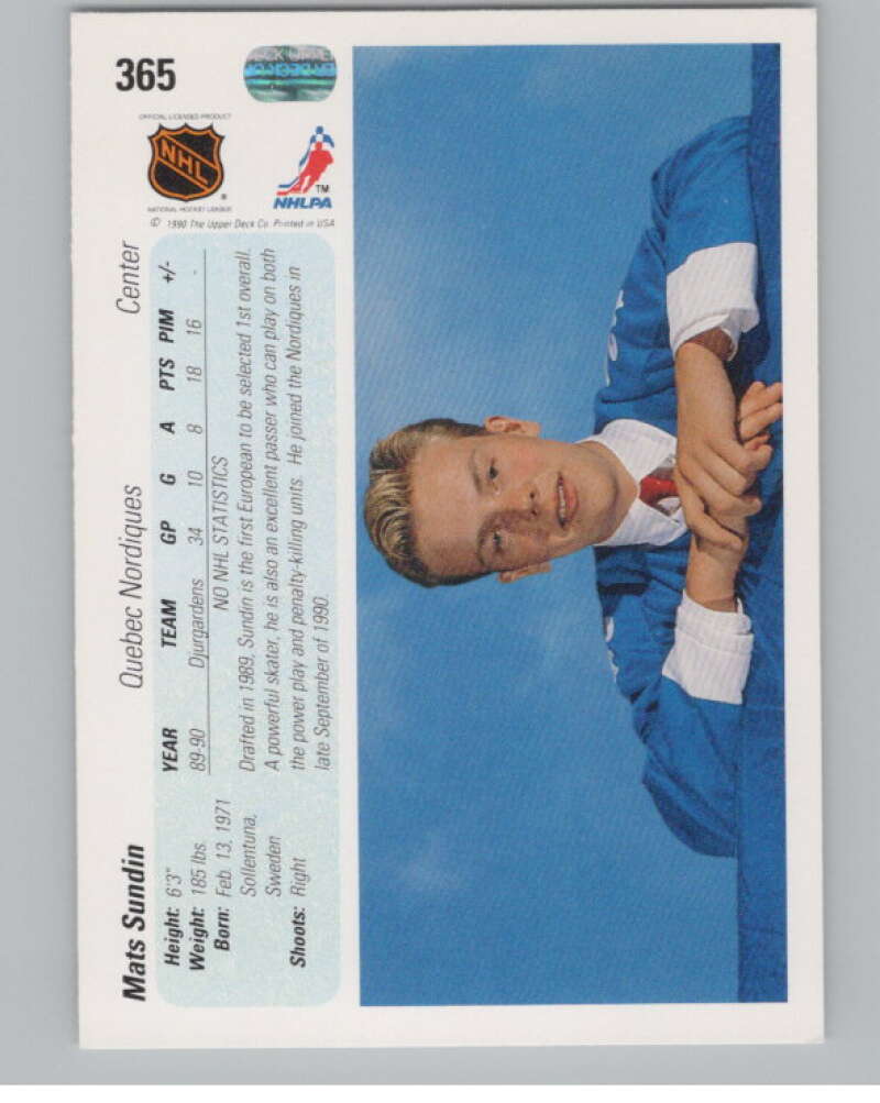 1990-91 Upper Deck French #365 Mats Sundin  RC Rookie Quebec Nordiques  V102885 Image 2