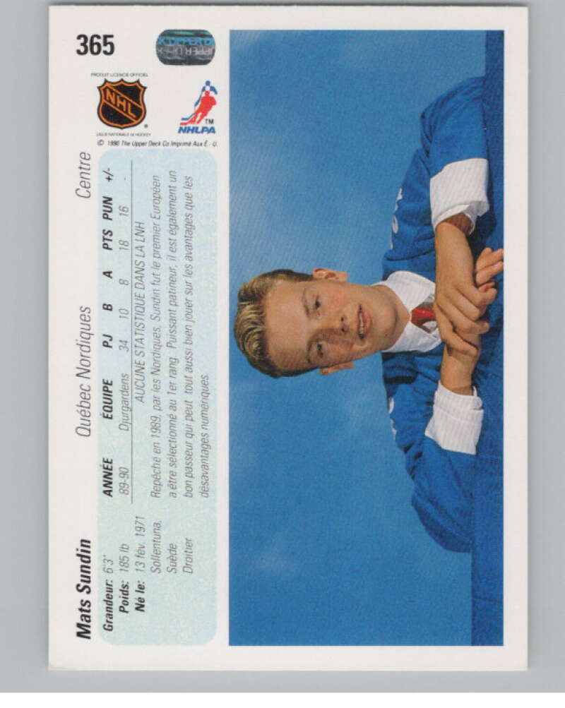 1990-91 Upper Deck French #365 Mats Sundin  RC Rookie Quebec Nordiques  V102886 Image 2
