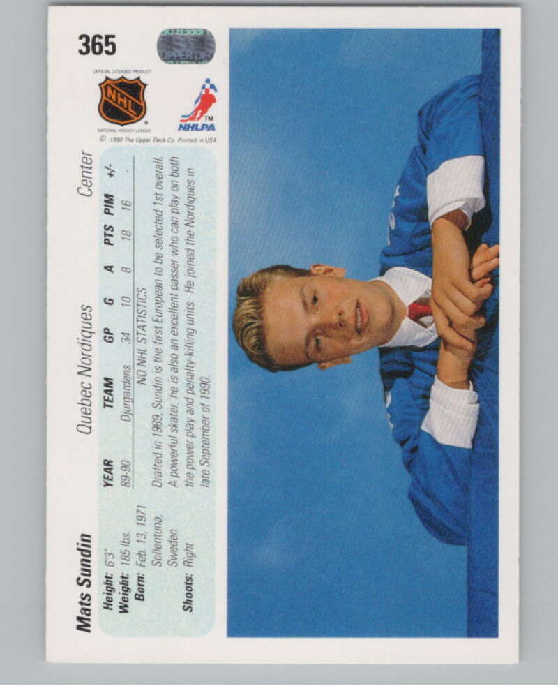 1990-91 Upper Deck French #365 Mats Sundin  RC Rookie Quebec Nordiques  V102887 Image 2