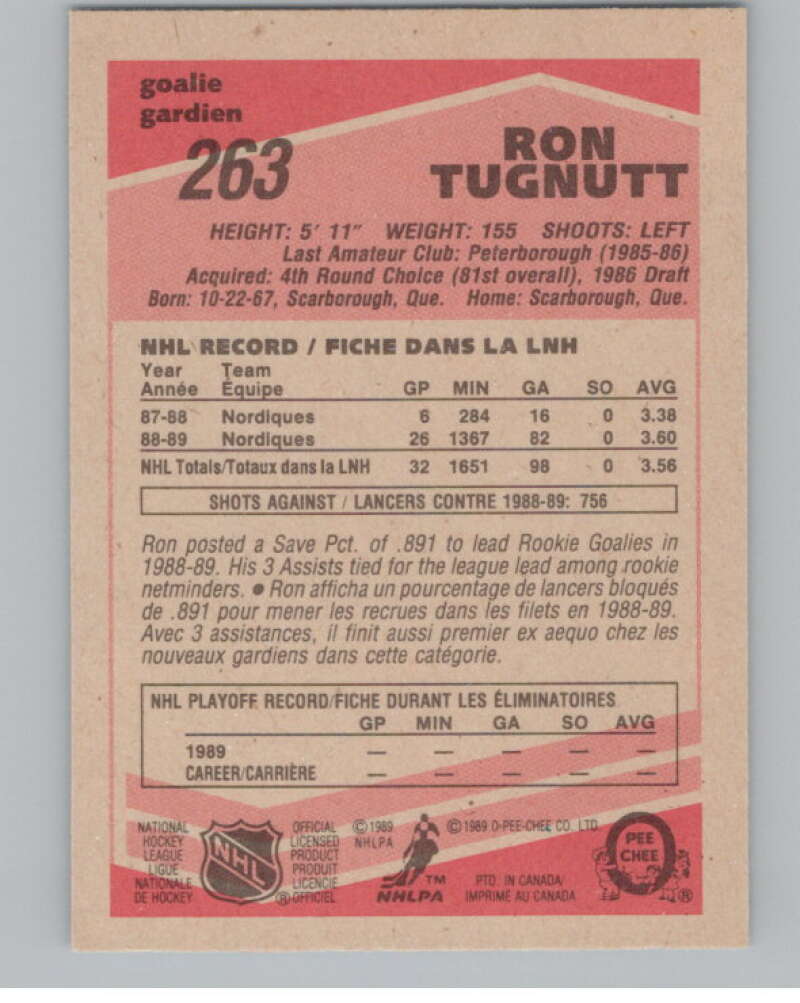 1989-90 O-Pee-Chee #263 Ron Tugnutt  RC Rookie Quebec Nordiques  V102888 Image 2