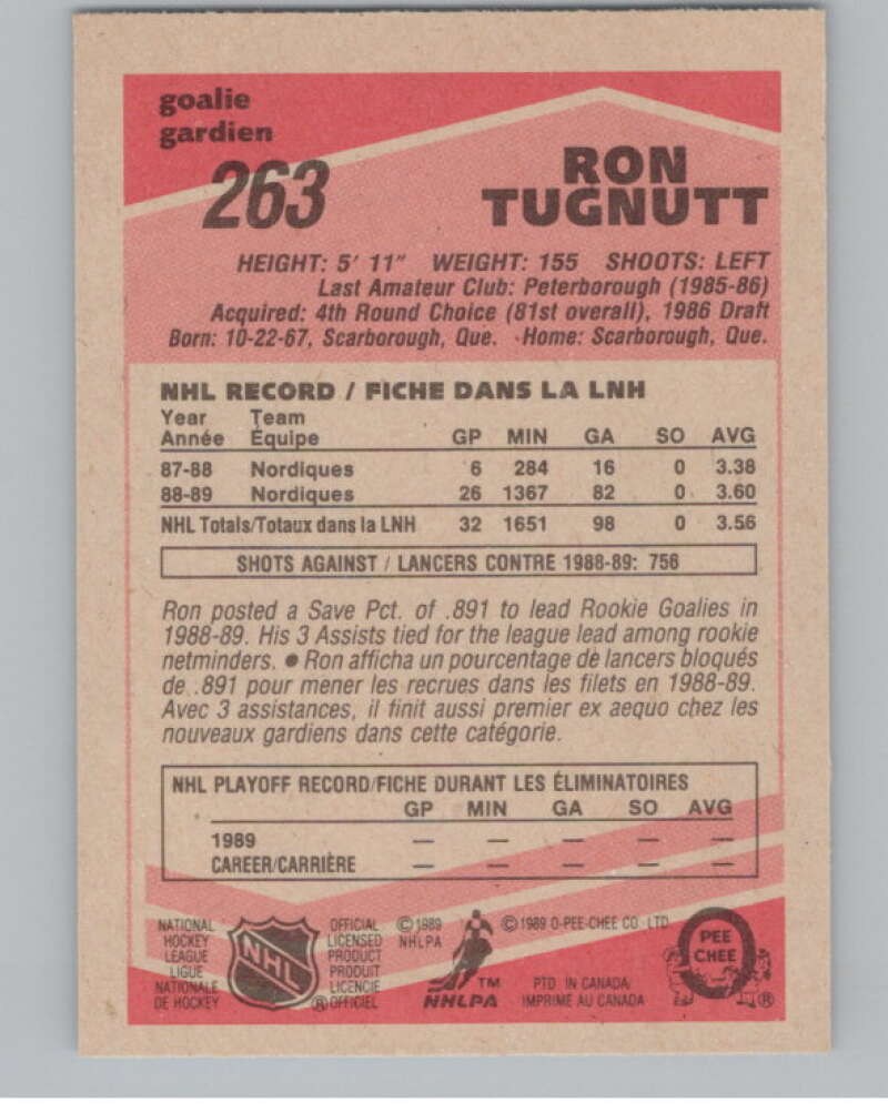 1989-90 O-Pee-Chee #263 Ron Tugnutt  RC Rookie Quebec Nordiques  V102891 Image 2