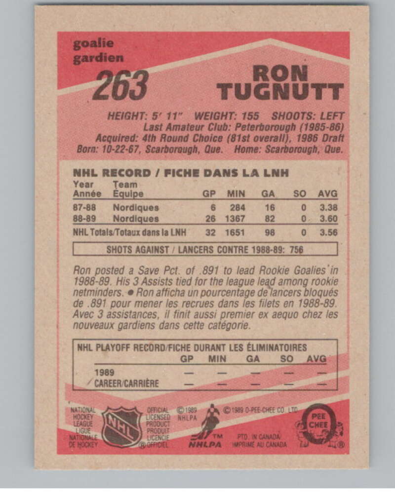 1989-90 O-Pee-Chee #263 Ron Tugnutt  RC Rookie Quebec Nordiques  V102895 Image 2