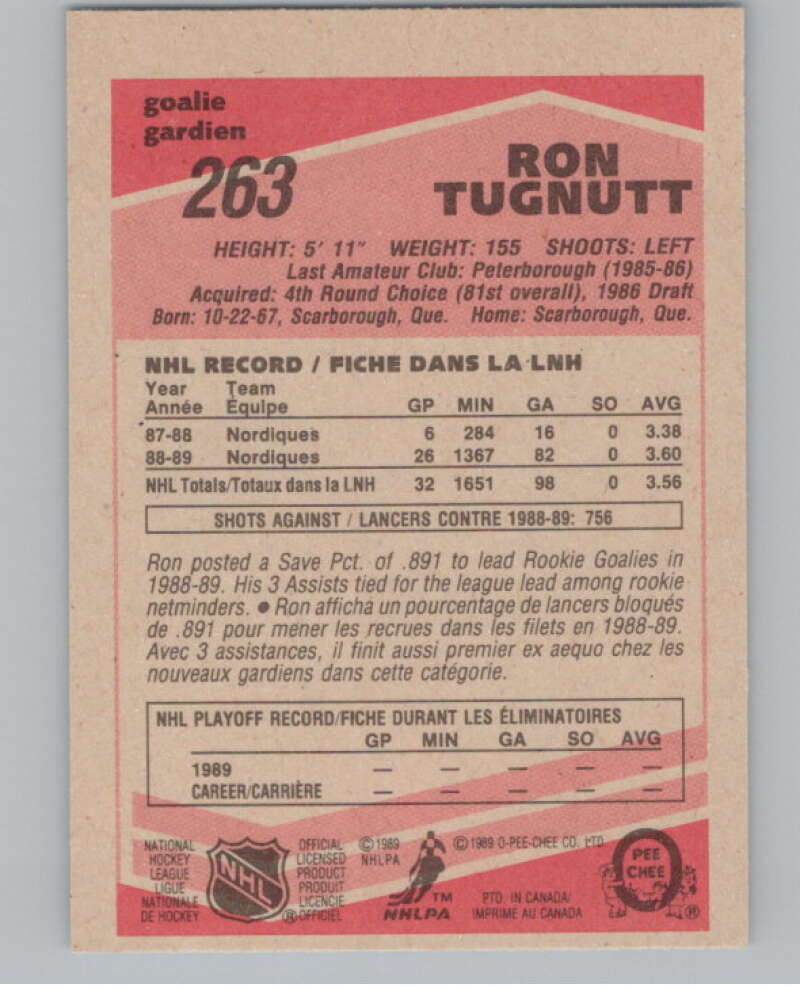 1989-90 O-Pee-Chee #263 Ron Tugnutt  RC Rookie Quebec Nordiques  V102896 Image 2