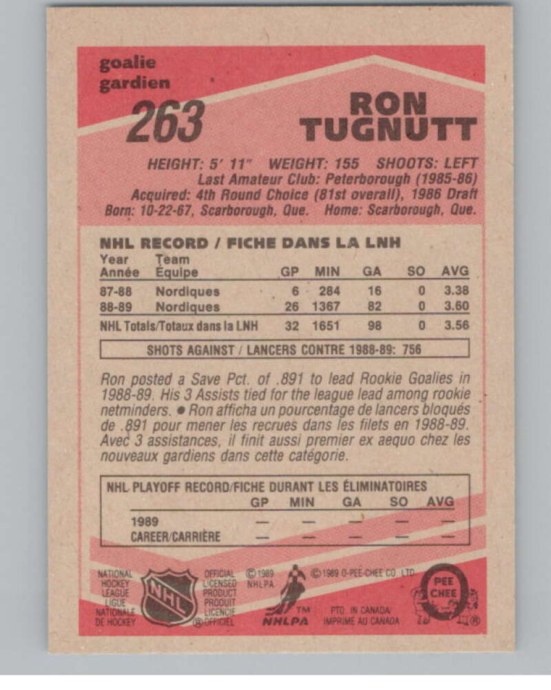 1989-90 O-Pee-Chee #263 Ron Tugnutt  RC Rookie Quebec Nordiques  V102898 Image 2