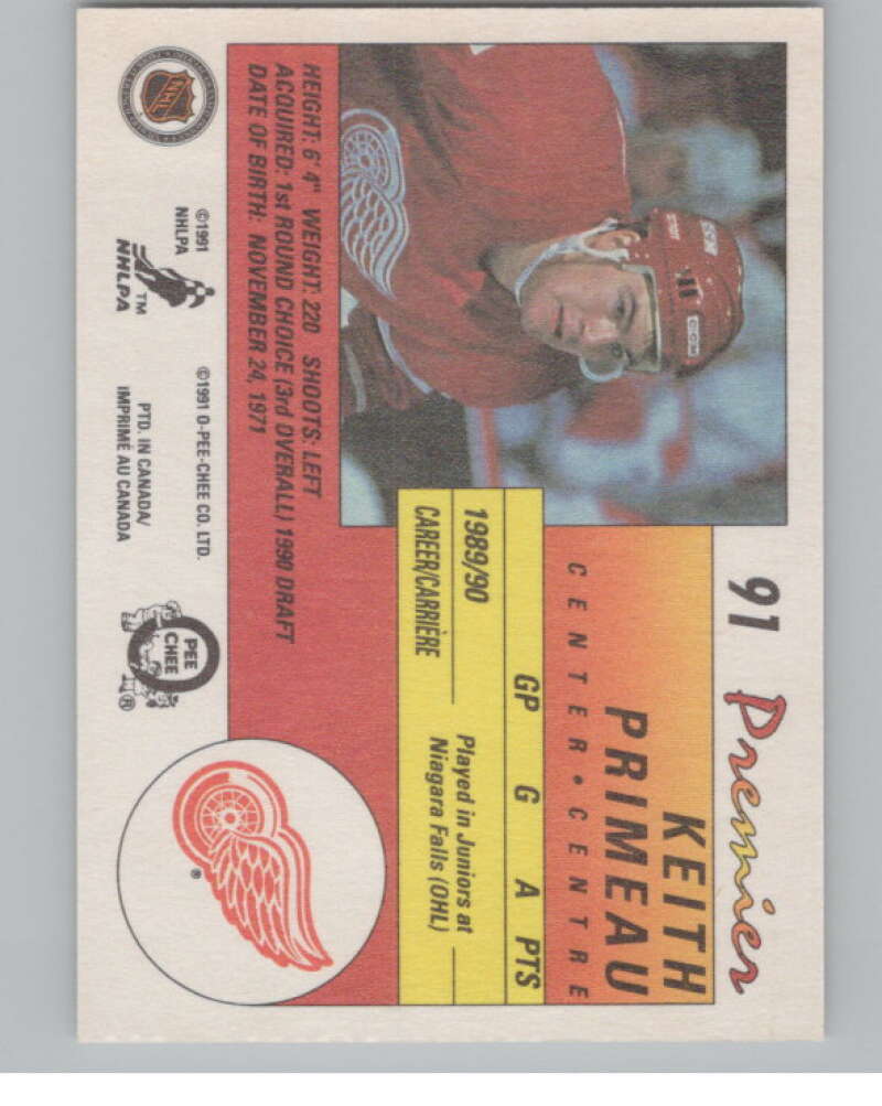 1990-91 OPC Premier #91 Keith Primeau  RC Rookie Detroit Red Wings  V102902 Image 2