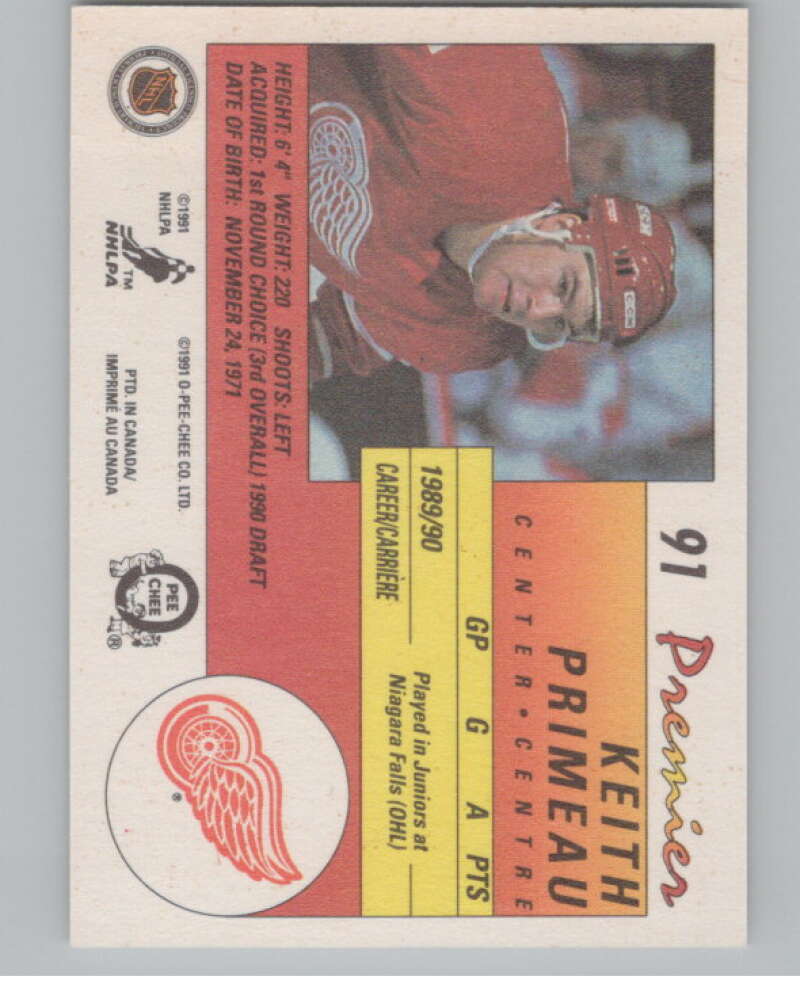 1990-91 OPC Premier #91 Keith Primeau  RC Rookie Detroit Red Wings  V102904 Image 2