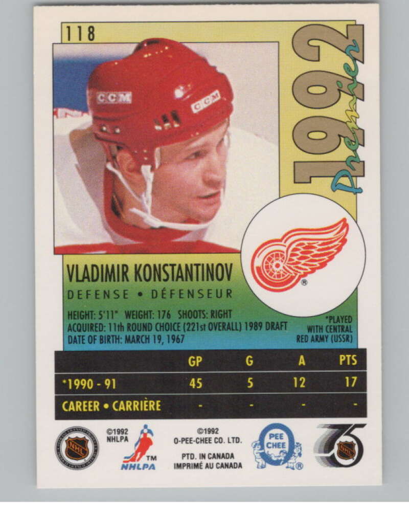 1991-92 OPC Premier #118B Vladimir Konstantinov COR  RC Rookie  V102910 Image 2