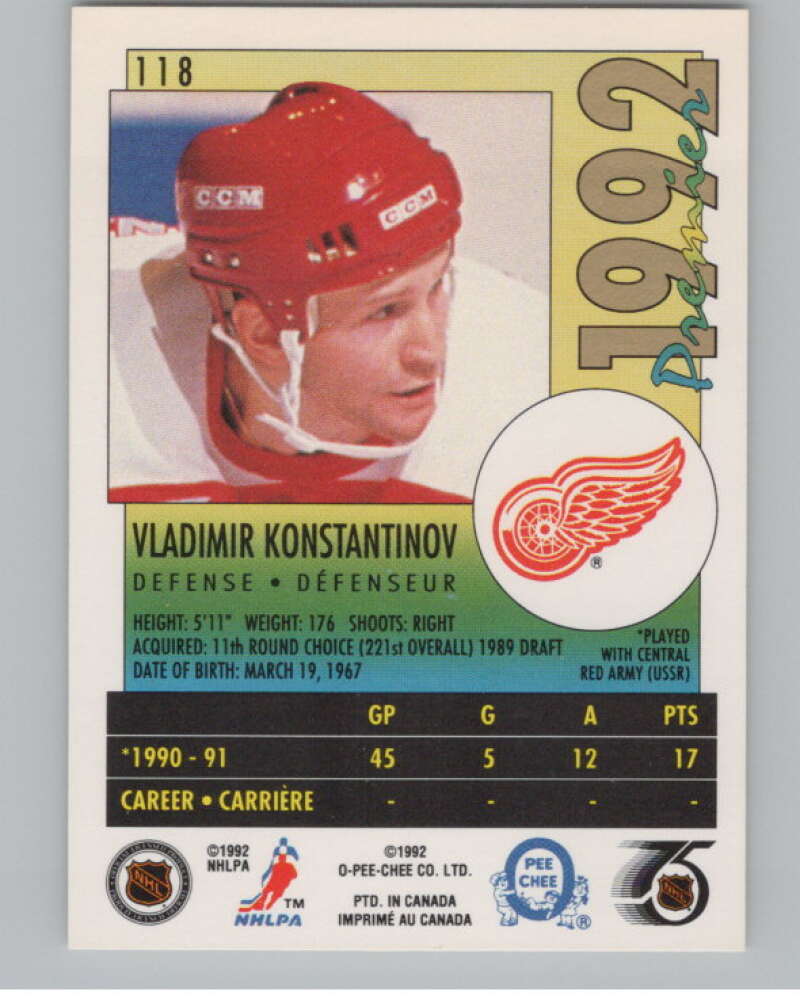 1991-92 OPC Premier #118B Vladimir Konstantinov COR  RC Rookie  V102912 Image 2