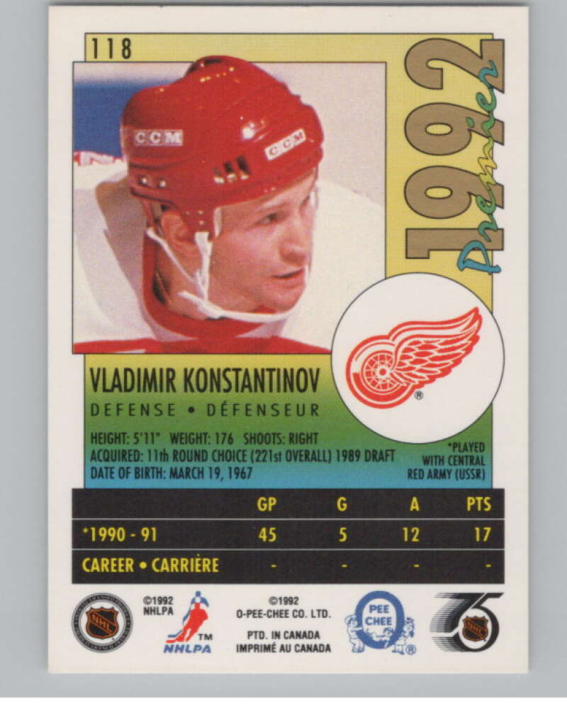 1991-92 OPC Premier #118B Vladimir Konstantinov COR  RC Rookie  V102913 Image 2