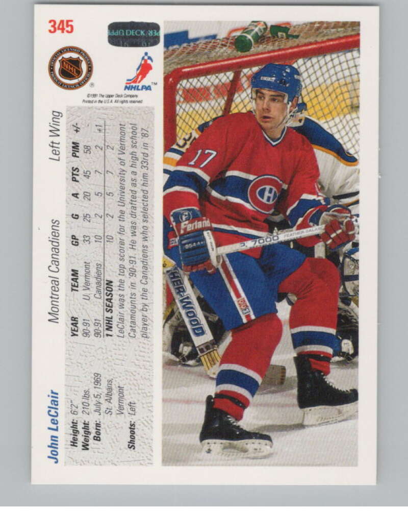 1991-92 Upper Deck #345 John LeClair  RC Rookie Montreal Canadiens  V102915 Image 2