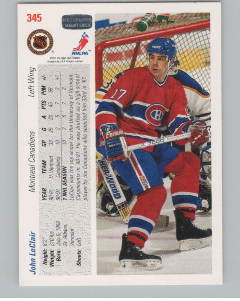 1991-92 Upper Deck #345 John LeClair  RC Rookie Montreal Canadiens  V102916 Image 2