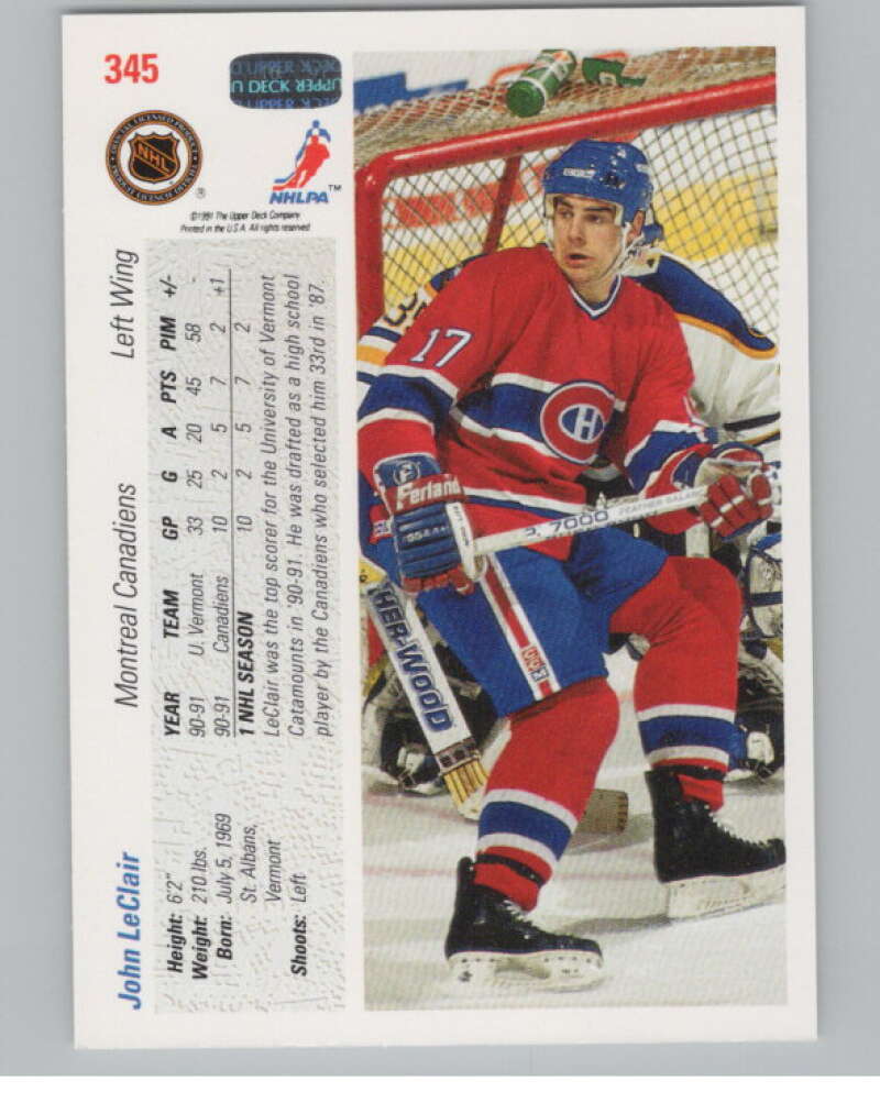 1991-92 Upper Deck #345 John LeClair  RC Rookie Montreal Canadiens  V102919 Image 2