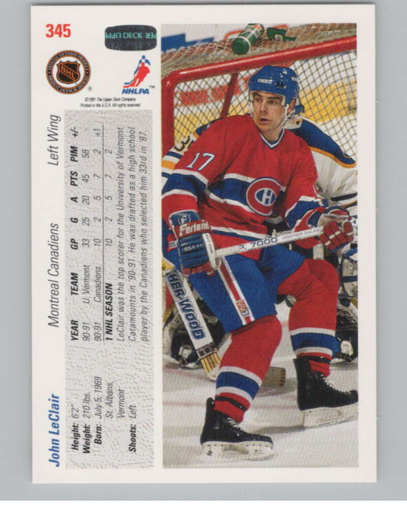 1991-92 Upper Deck #345 John LeClair  RC Rookie Montreal Canadiens  V102920 Image 2