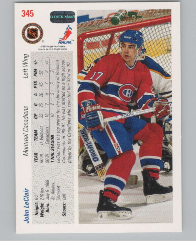 1991-92 Upper Deck #345 John LeClair  RC Rookie Montreal Canadiens  V102921 Image 2