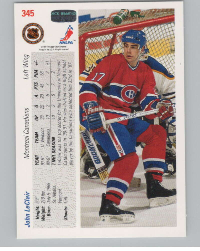 1991-92 Upper Deck #345 John LeClair  RC Rookie Montreal Canadiens  V102922 Image 2