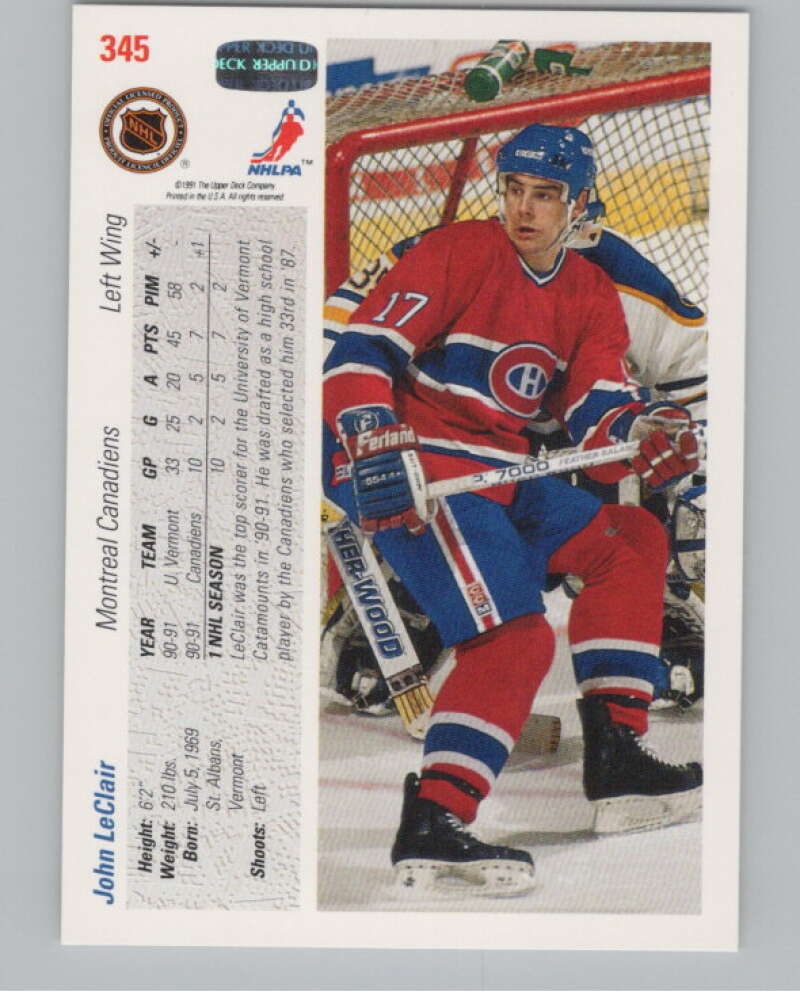 1991-92 Upper Deck #345 John LeClair  RC Rookie Montreal Canadiens  V102923 Image 2