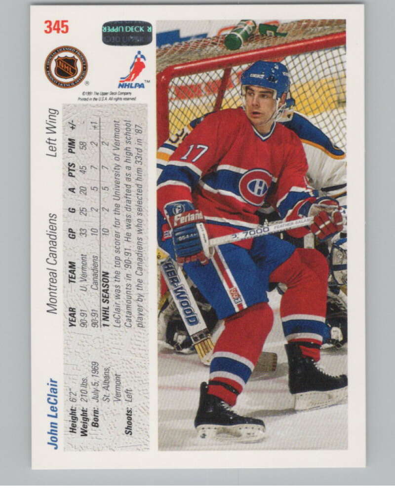1991-92 Upper Deck #345 John LeClair  RC Rookie Montreal Canadiens  V102924 Image 2