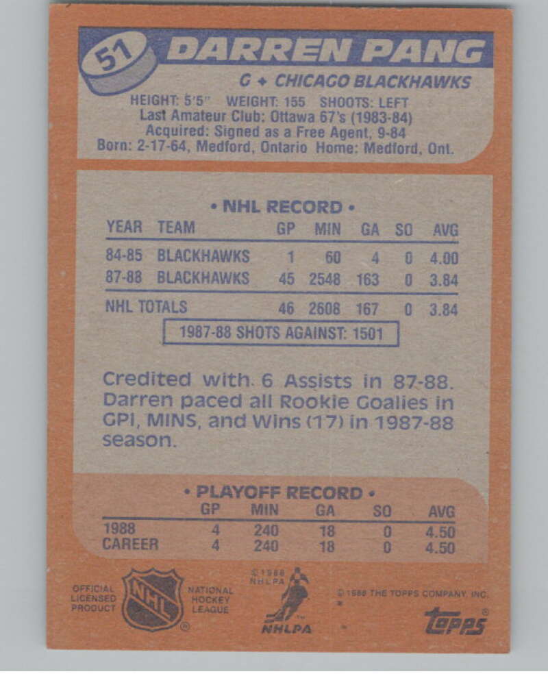1988-89 Topps #51 Darren Pang  RC Rookie  V102935 Image 2