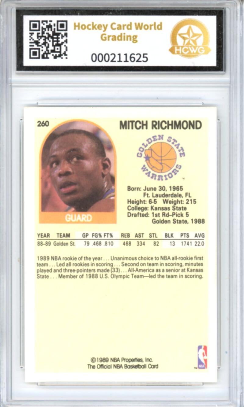 1989-90 Hoops #260 Mitch Richmond Rookie RC - Graded HCWG 9 Image 2