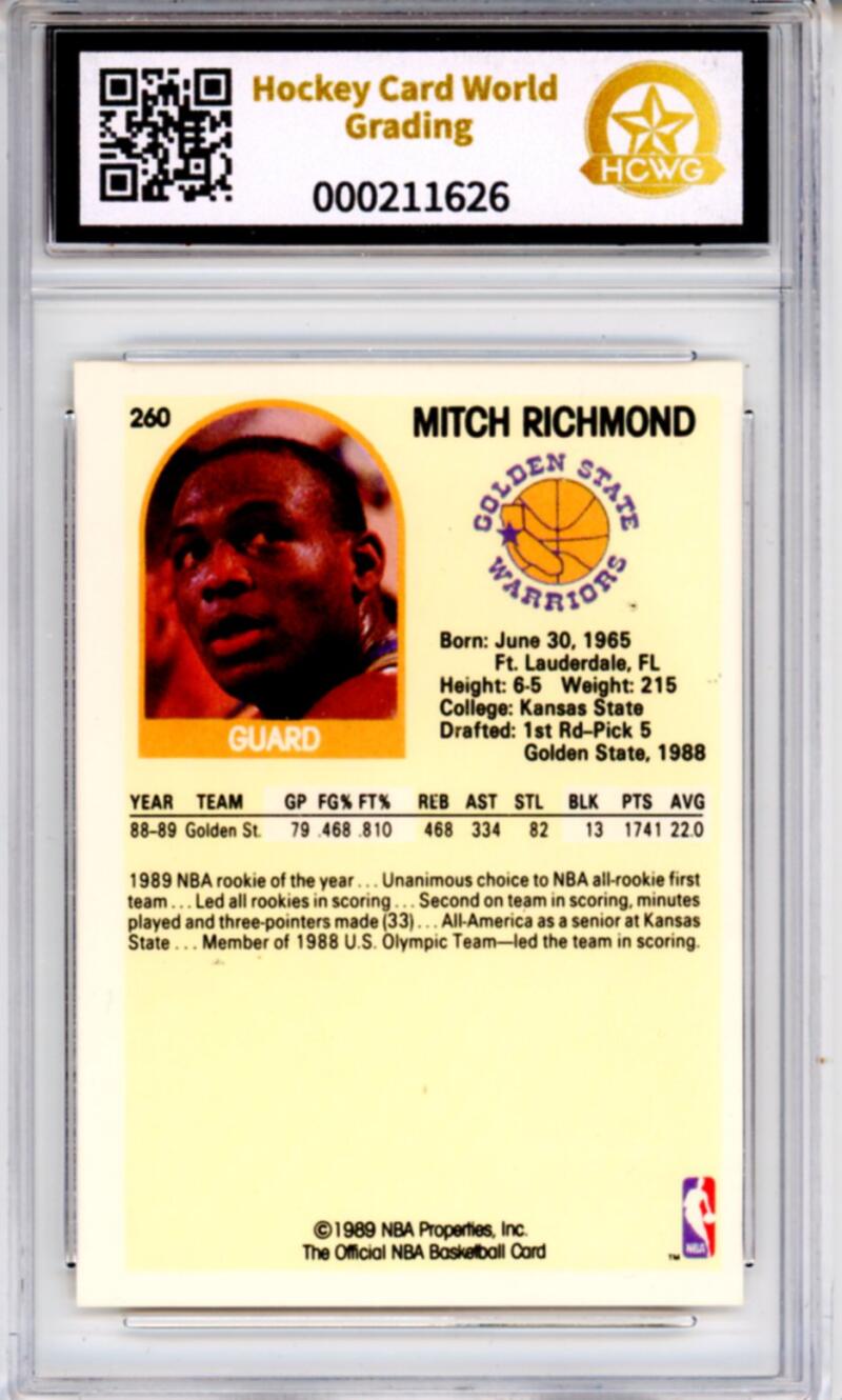 1989-90 Hoops #260 Mitch Richmond Rookie RC - Graded HCWG 8 Image 2