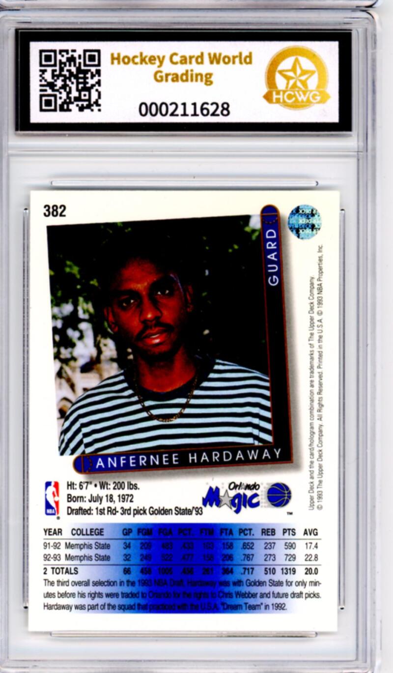 1993-94 Upper Deck #382 Anfernee Hardaway Rookie RC - Graded HCWG 9 Image 2