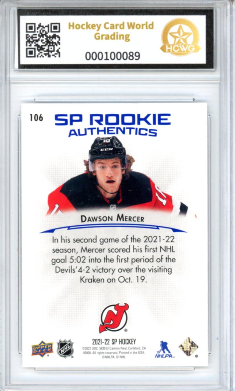 2021-22 Upper Deck SP Blue #106 Dawson Mercer Rookie RC - Graded HCWG 9 Image 2
