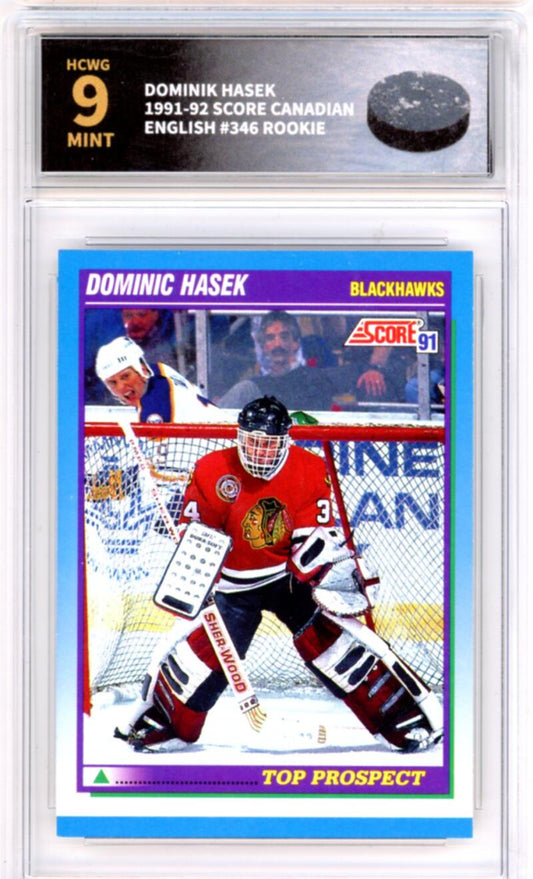 1991-92 Score Canadian English #346 Dominik Hasek Rookie RC - Graded HCWG 9 Image 1