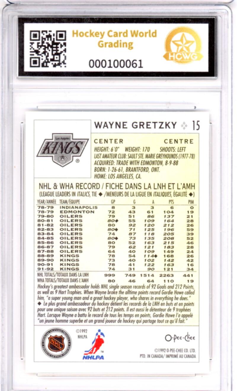 1992-93 O-Pee-Chee #15 Wayne Gretzky - Graded HCWG 9 Image 2