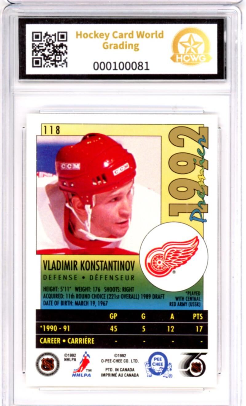 1991-92 OPC Premier #118 Vladimir Konstantinov Rookie RC - Graded HCWG 9 Image 2