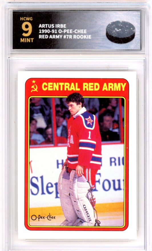 1990-91 O-Pee-Chee Red Army #7R Artus Irbe Rookie RC - Graded HCWG 9 Image 1