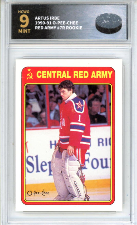 1990-91 O-Pee-Chee Red Army #7R Artus Irbe Rookie RC - Graded HCWG 9 Image 1