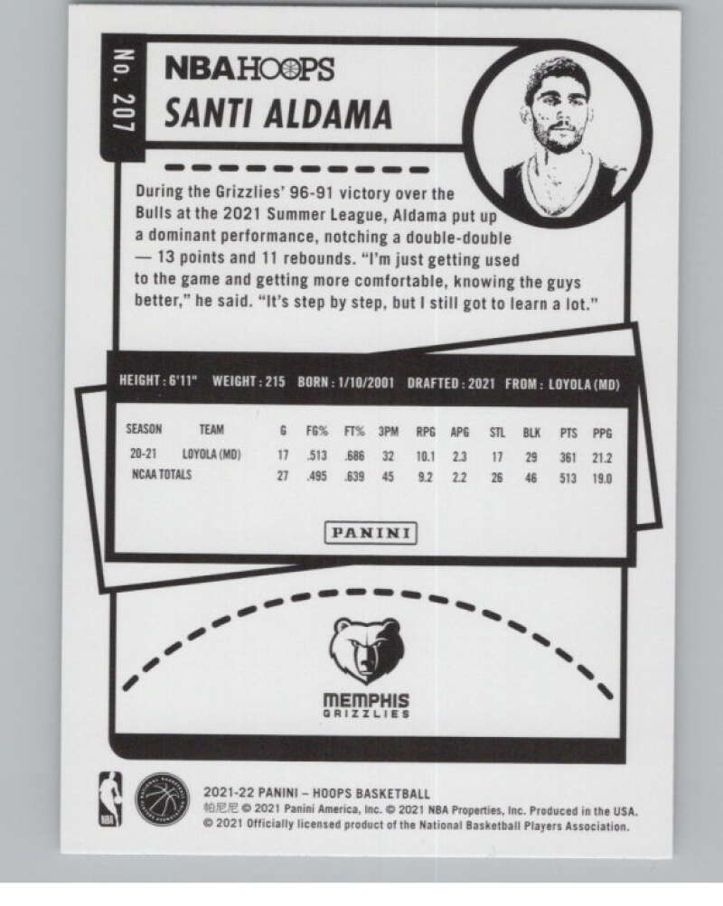 2021-22 Panini Hoops #207 Santi Aldama  RC Rookie Memphis Grizzlies  V102956 Image 2
