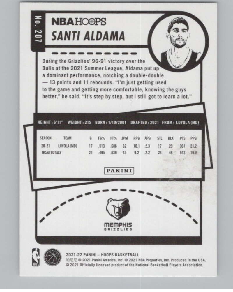 2021-22 Panini Hoops #207 Santi Aldama  RC Rookie Memphis Grizzlies  V102957 Image 2