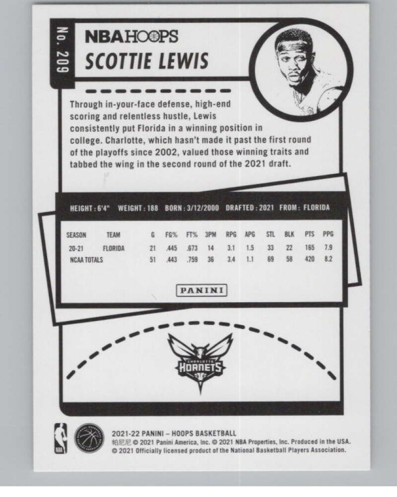 2021-22 Panini Hoops #209 Scottie Lewis  RC Rookie Charlotte Hornets  V102958 Image 2