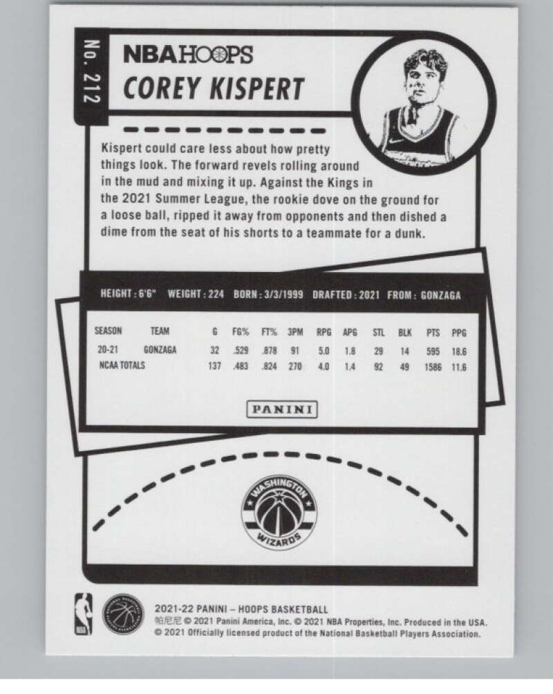 2021-22 Panini Hoops #212 Corey Kispert  RC Rookie Washington Wizards  V102959 Image 2