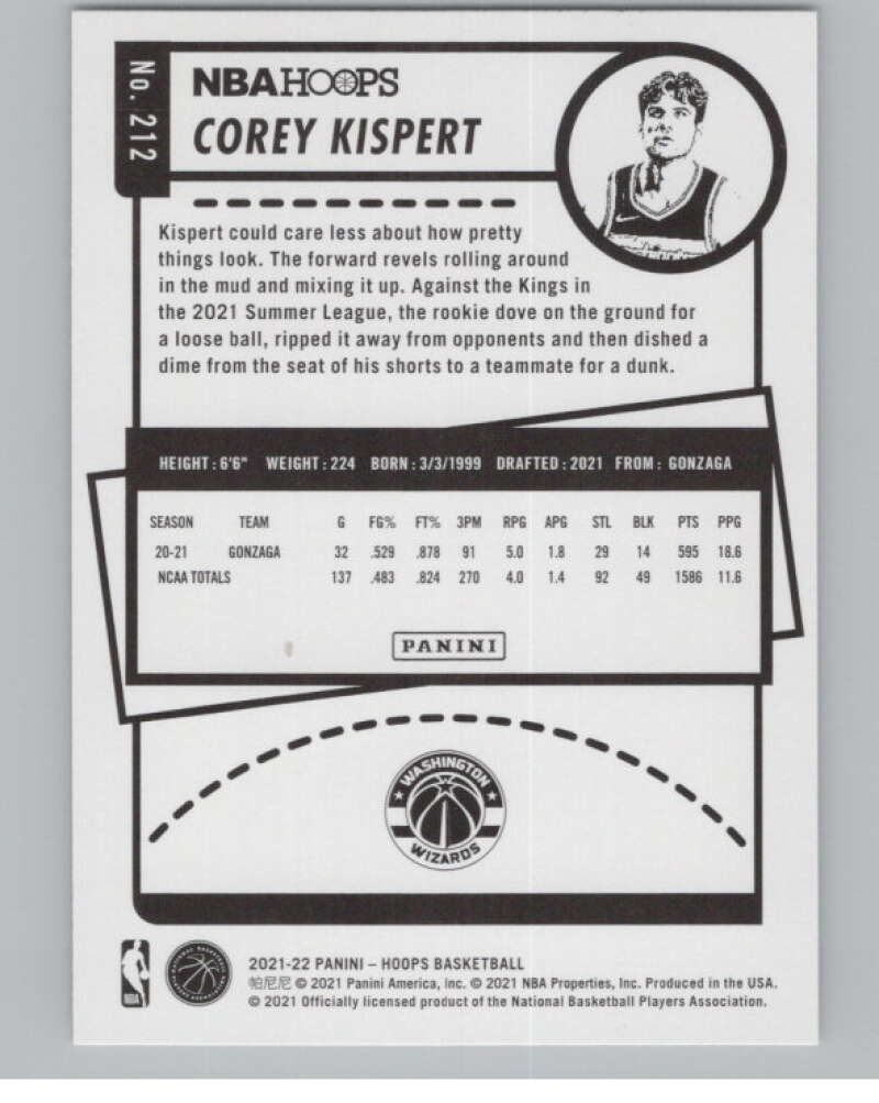 2021-22 Panini Hoops #212 Corey Kispert  RC Rookie Washington Wizards  V102960 Image 2