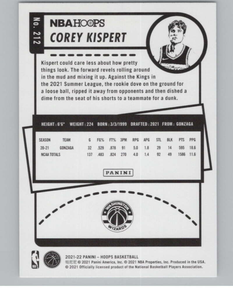 2021-22 Panini Hoops #212 Corey Kispert  RC Rookie Washington Wizards  V102961 Image 2