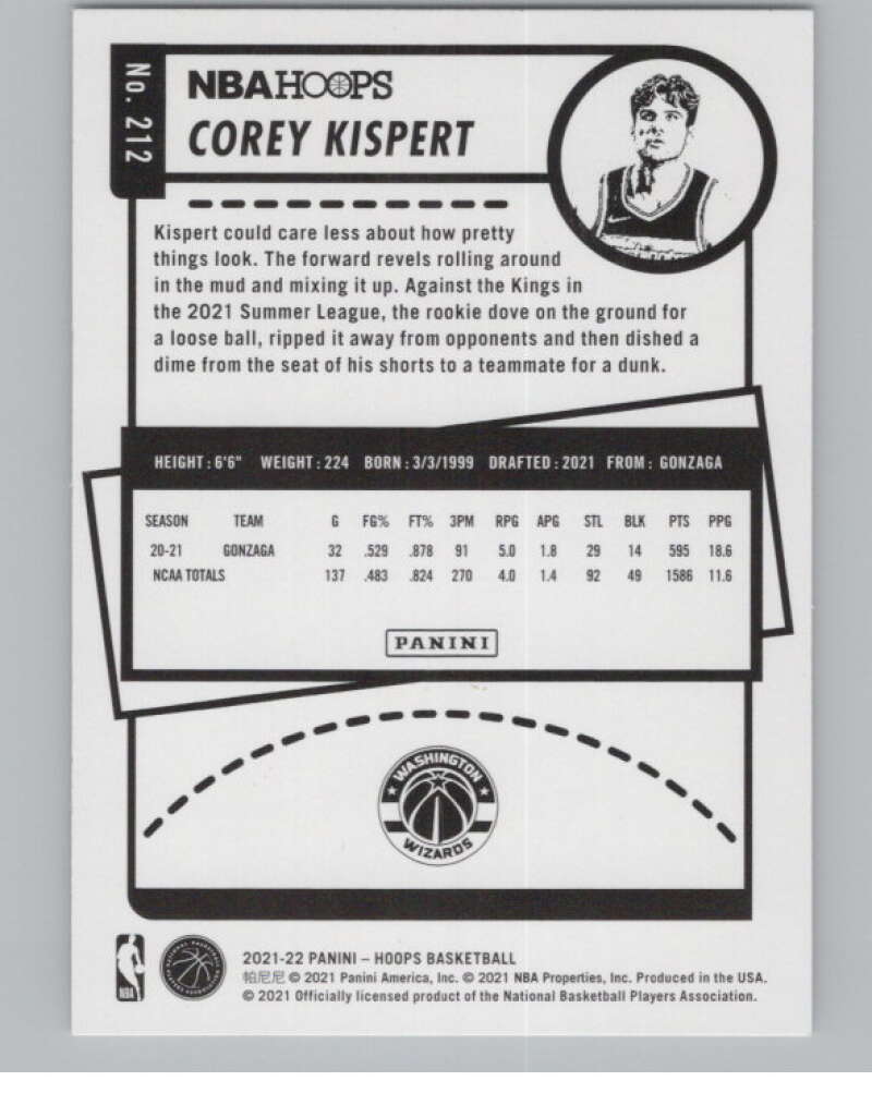 2021-22 Panini Hoops #212 Corey Kispert  RC Rookie Washington Wizards  V102962 Image 2