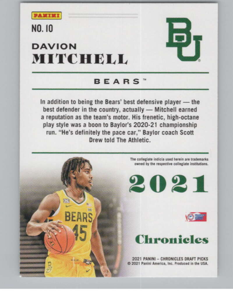 2021-22 Panini Chronicles Draft Picks #10 Davion Mitchell  Baylor Bears  V102968 Image 2