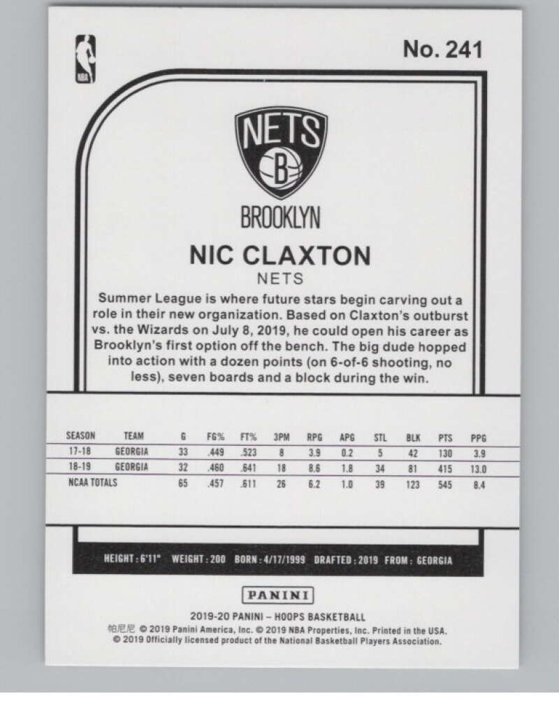 2019-20 Panini Hoops #241 Nicolas Claxton  Brooklyn Nets  V102975 Image 2
