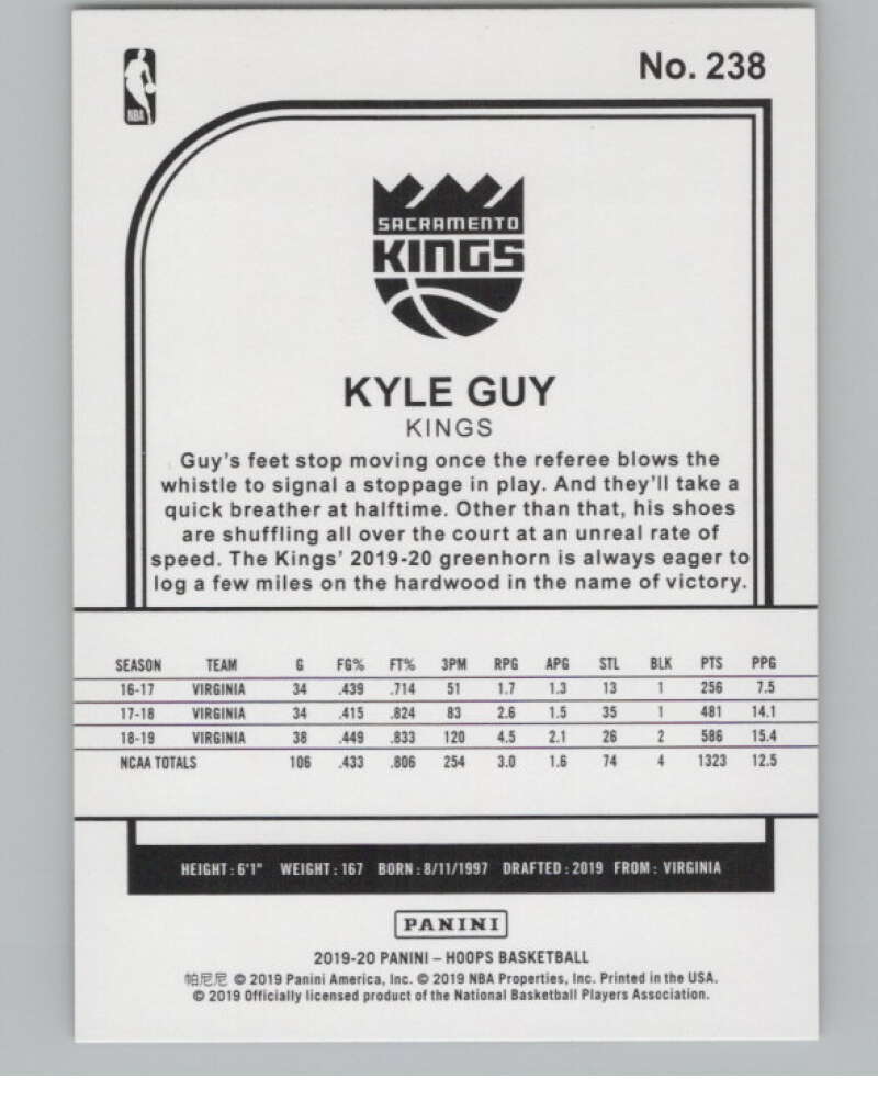 2019-20 Panini Hoops Yellow #238 Kyle Guy  Sacramento Kings  V102977 Image 2