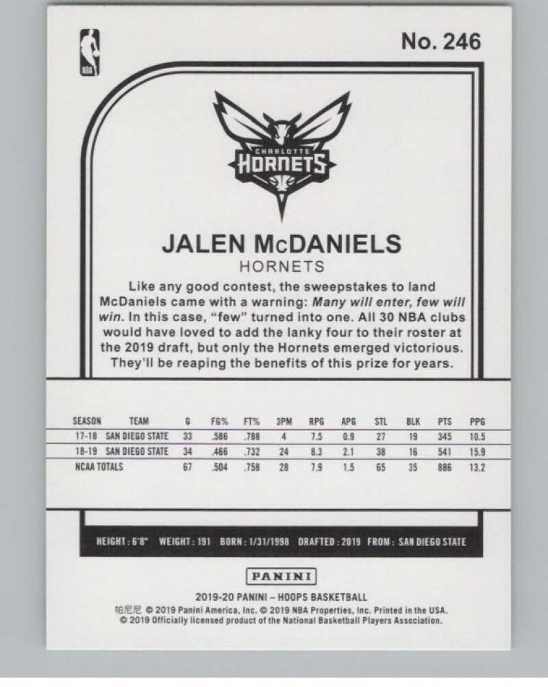 2019-20 Panini Hoops Yellow #246 Jalen McDaniels  Charlotte Hornets  V102978 Image 2