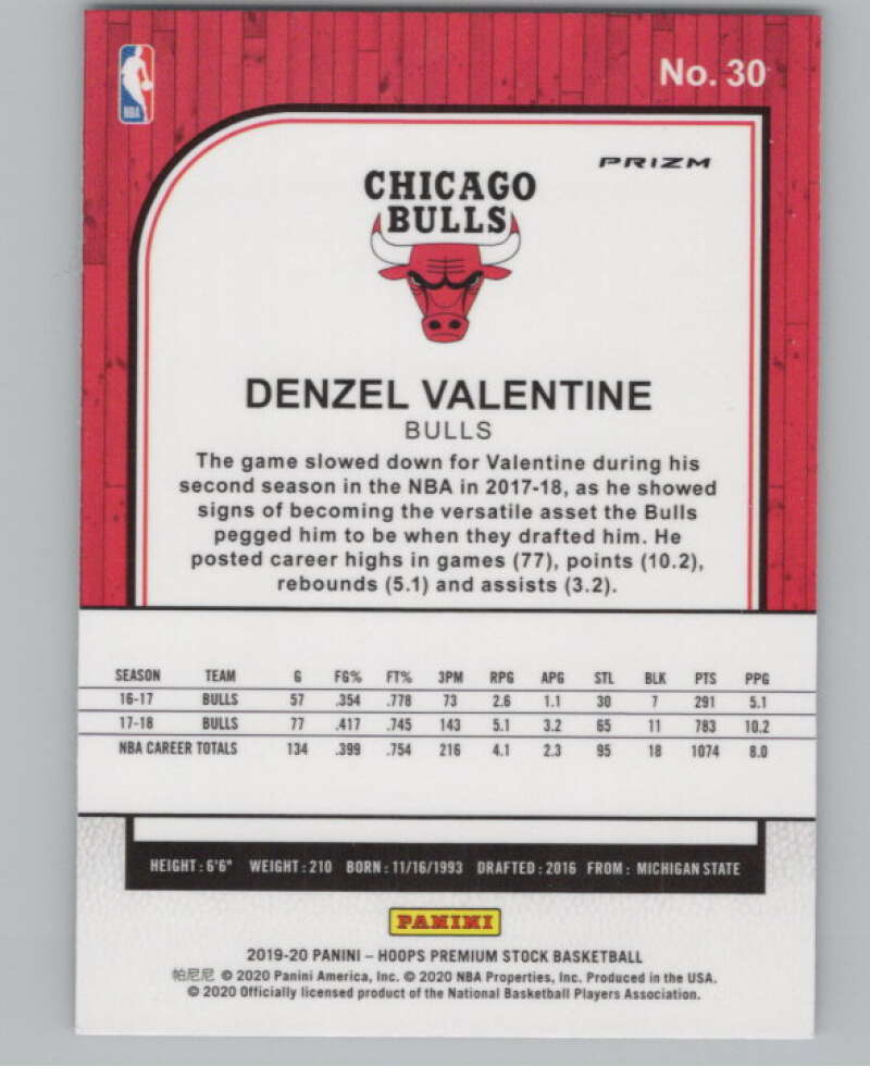2019-20  Hoops Premium Stock  Silver Prizm #30 Denzel Valentine  V102981 Image 2