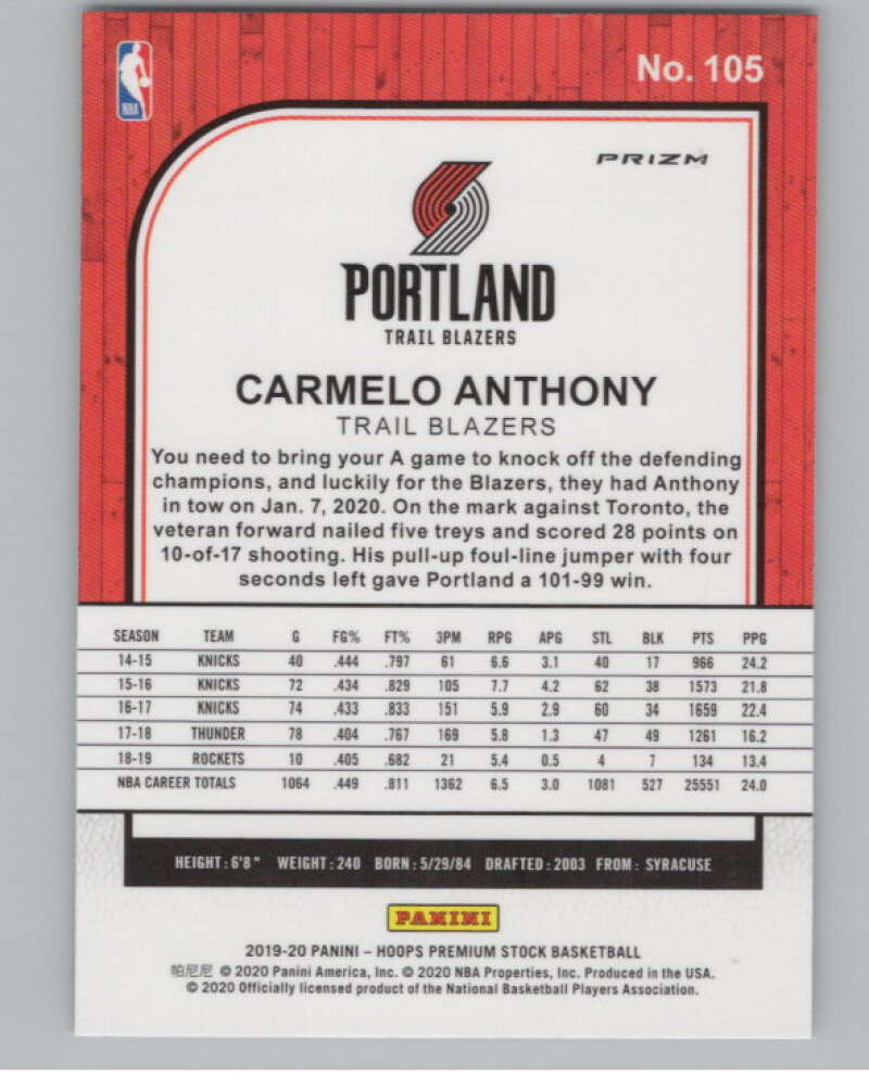 2019-20  Hoops Premium Stock  Silver Prizm #105 Carmelo Anthony  V102983 Image 2