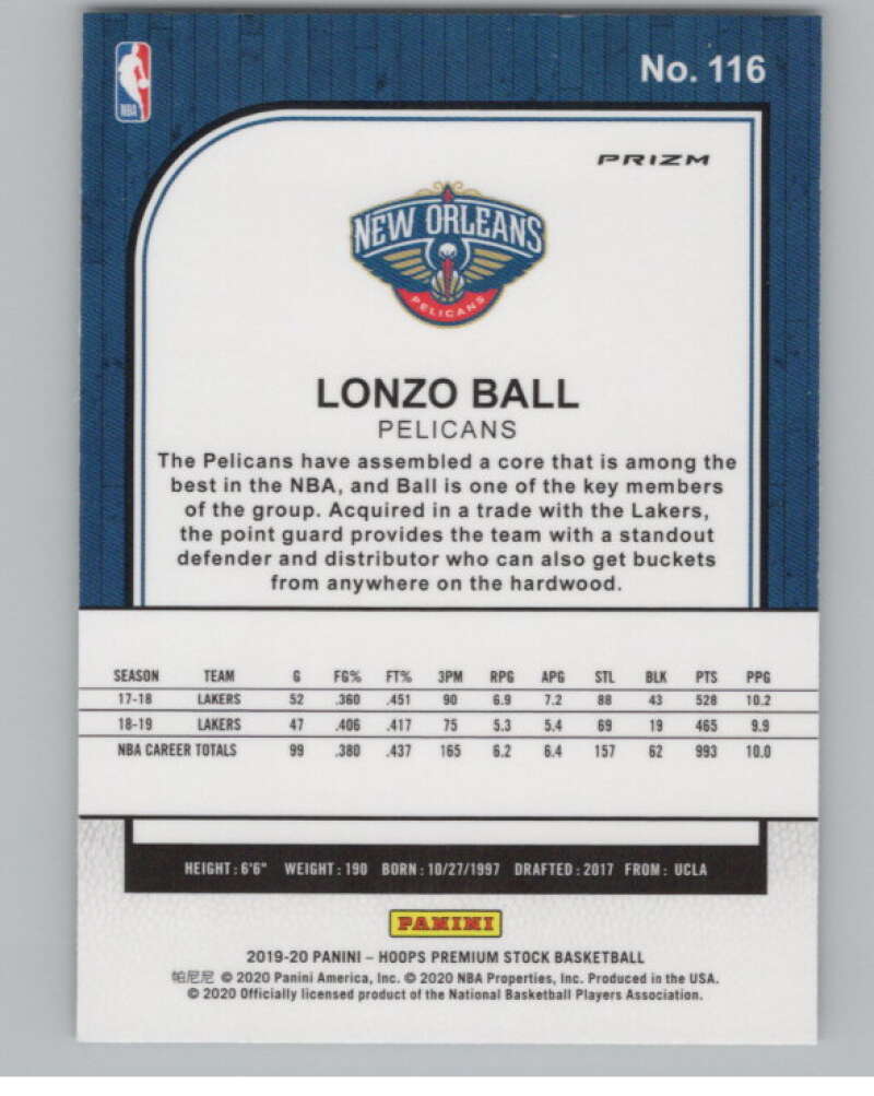 2019-20  Hoops Premium Stock  Silver Prizm #116 Lonzo Ball  V102984 Image 2