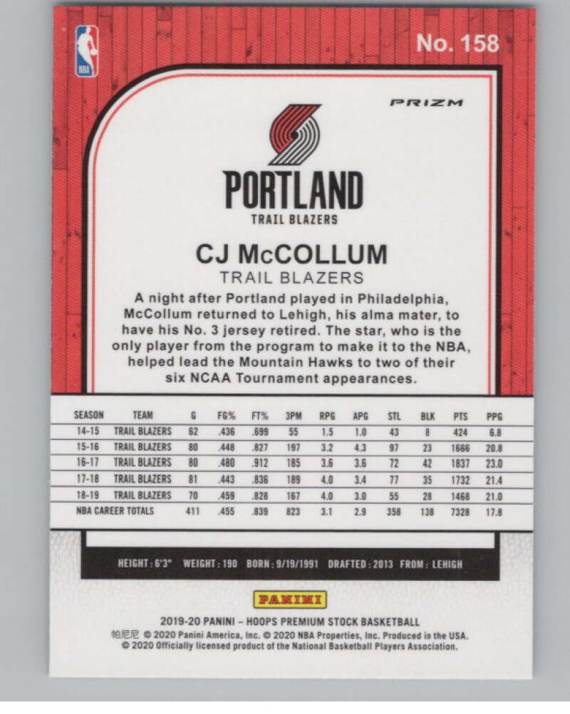 2019-20  Hoops Premium Stock  Silver Prizm #158 CJ McCollum  V102986 Image 2