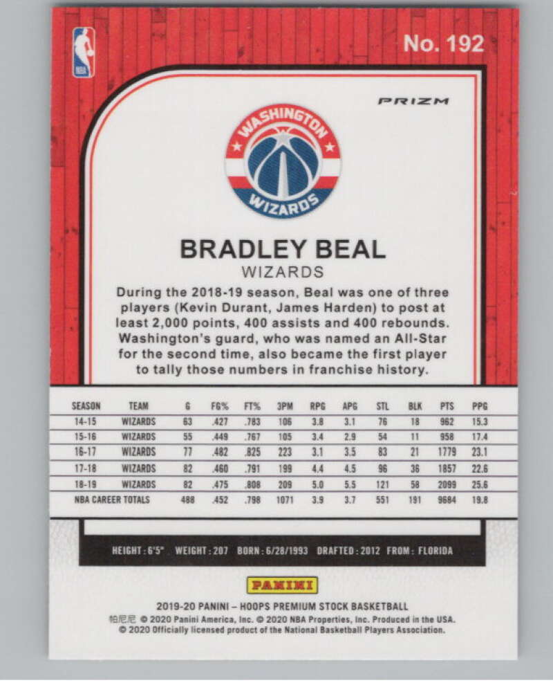 2019-20  Hoops Premium Stock  Silver Prizm #192 Bradley Beal  V102988 Image 2