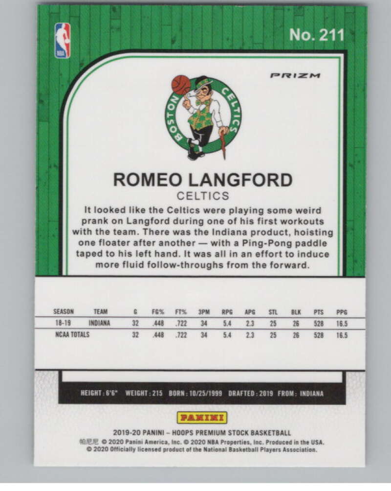 2019-20  Hoops Premium Stock  Silver Prizm #211 Romeo Langford  V102989 Image 2