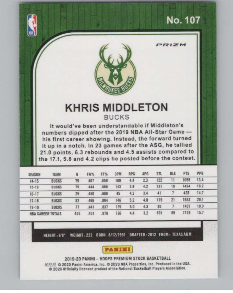 2019-20  Hoops Premium Stock  Silver Laser Prizm #107 Khris Middleton  V102997 Image 2