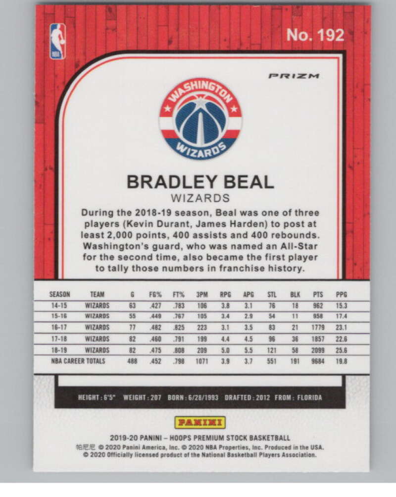 2019-20  Hoops Premium Stock  Silver Laser Prizm #192 Bradley Beal  V103002 Image 2